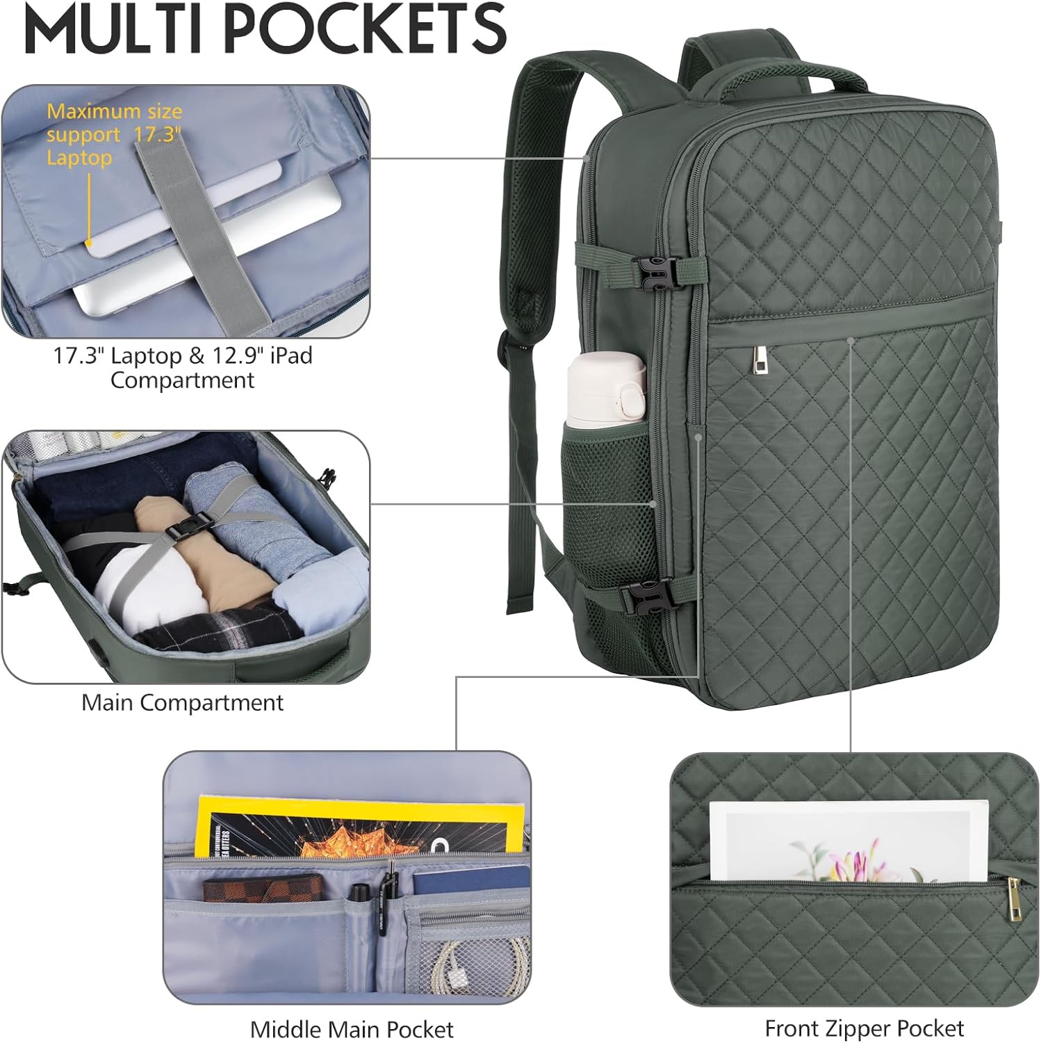 Large Travel Backpack Women, Flight Approved Carry On Backpack, Water Resistant Anti-Theft Large Casual Daypack Fit 17 Inch Laptop with USB Charging Port, Olive Green