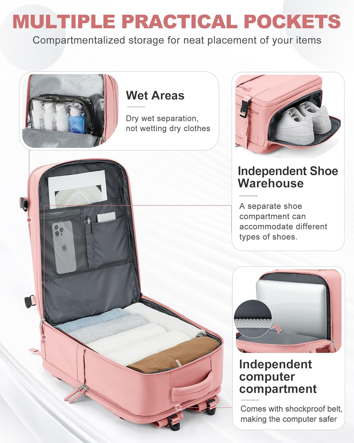 Large Travel Backpack Carry On for Women Man Gym Backpack with Laptop Compartment Teacher Personal Item Backpack Rucksack Airplane Accessories Must Haves Pink