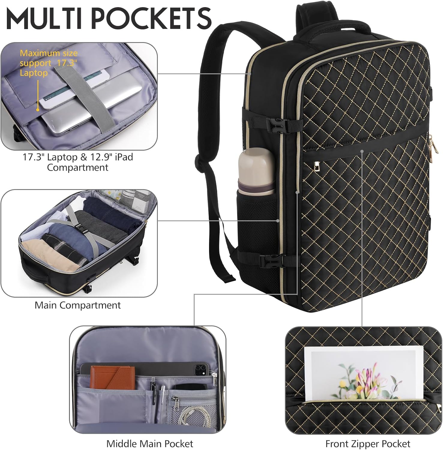 Carry On Backpack for Women, Flight Approved Large Travel Laptop Backpack with USB Charge Port, 17 Inch Water Resistant Luggage Travel Bag for Weekender Business, Black - Gold Rhombus