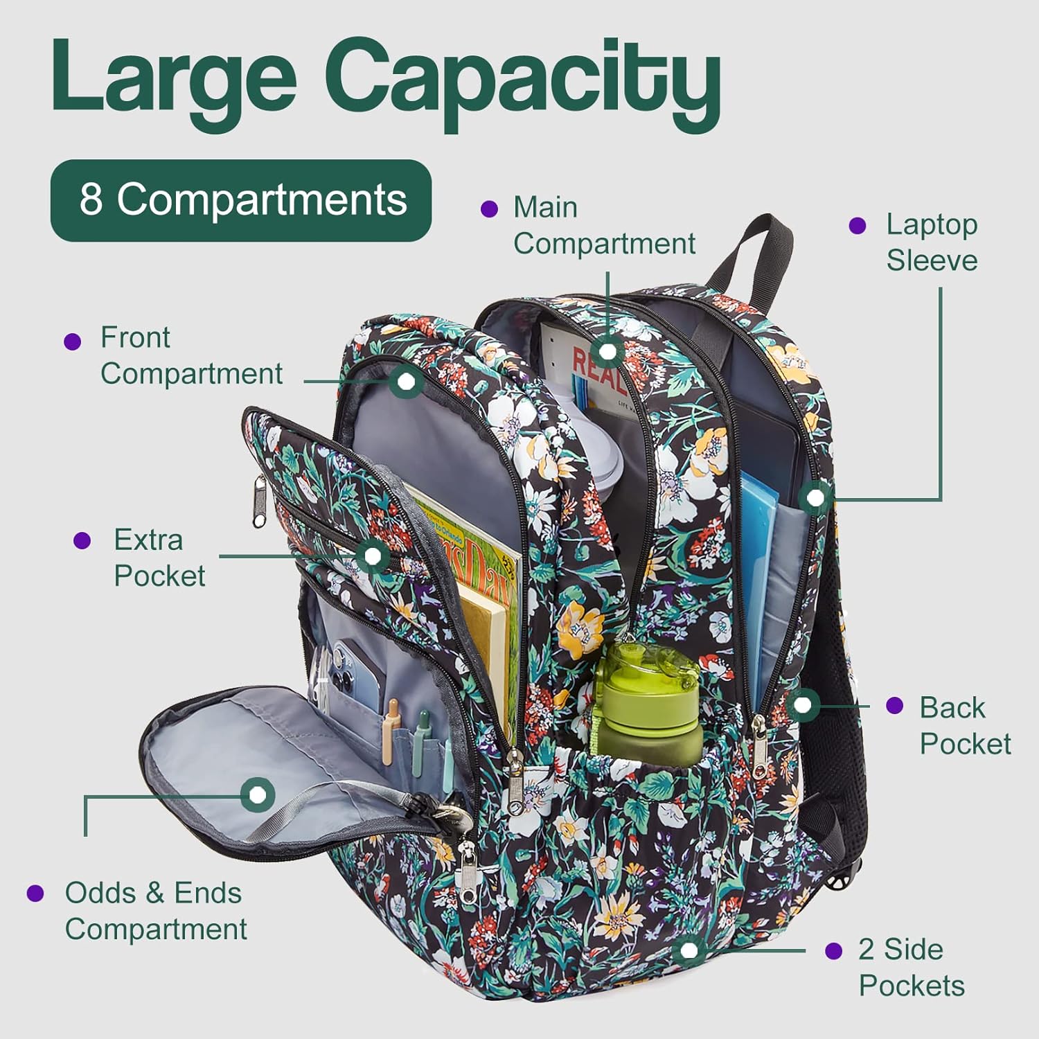Women's Backpack Floral College Campus Bag Fits 15.6 inch Laptop Lightweight Casual Daypack Back Pack Extra Large Overnight XL Travel Vacation Essentials